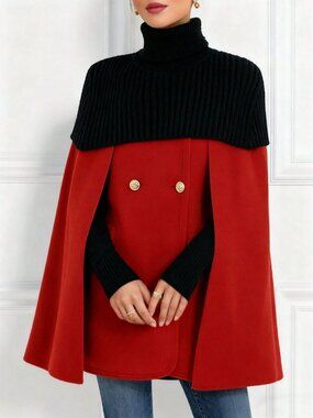 Red Elegant Women's Double-Breasted Cape Coat with Knit Turtleneck